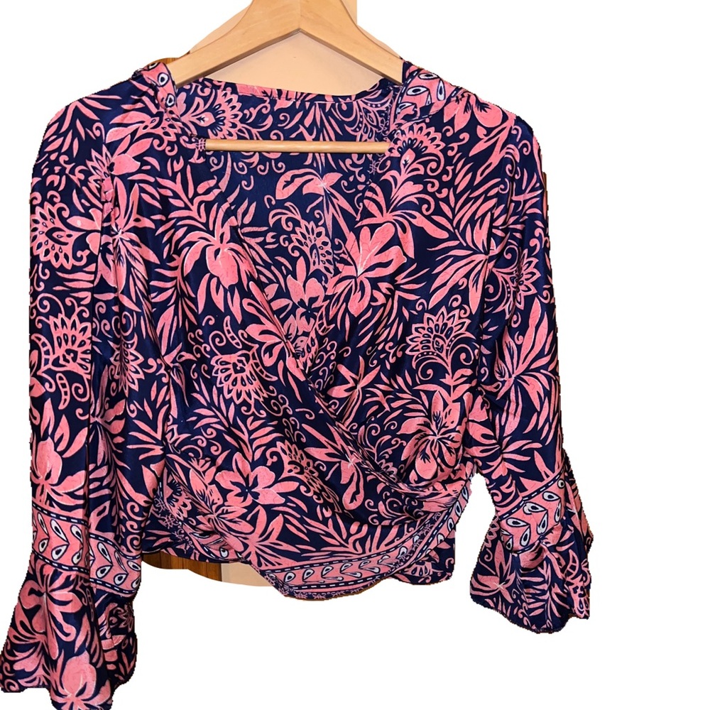 Floral Wrap Top - Pink and Navy